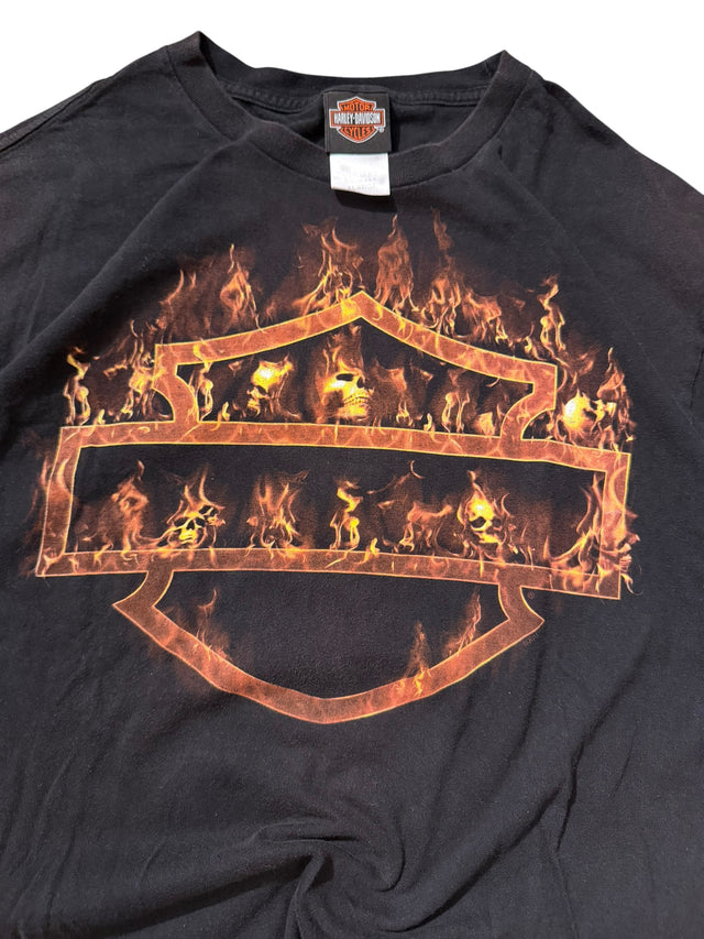 Vintage Harley-Davidson Skull Flame Bar & Shield Tee - Six Bends FL