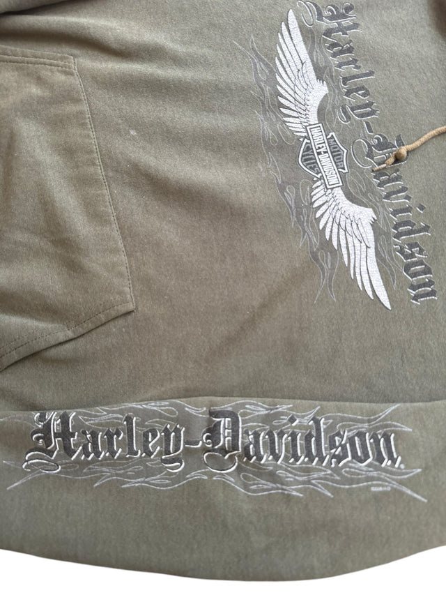 Vintage Faded Harley Davidson Olive Wings Pullover Hoodie