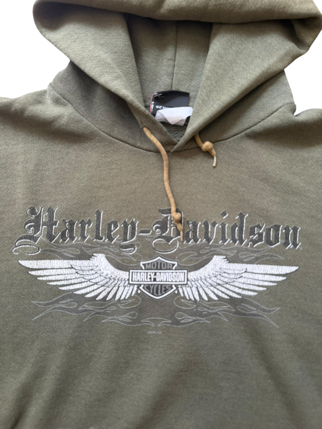 Vintage Faded Harley Davidson Olive Wings Pullover Hoodie
