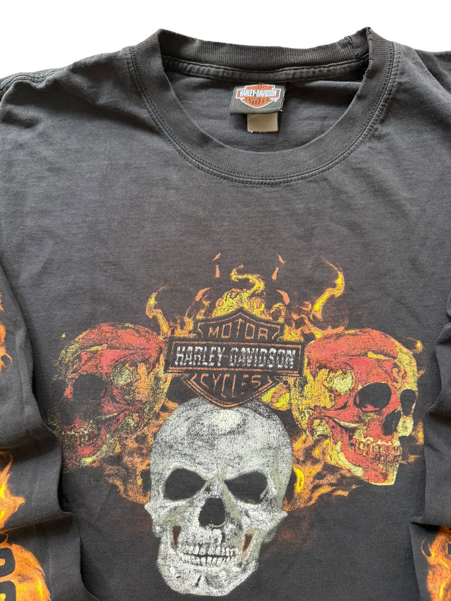 Vintage Distressed Harley Davidson Three Skulls Flame Long Sleeve