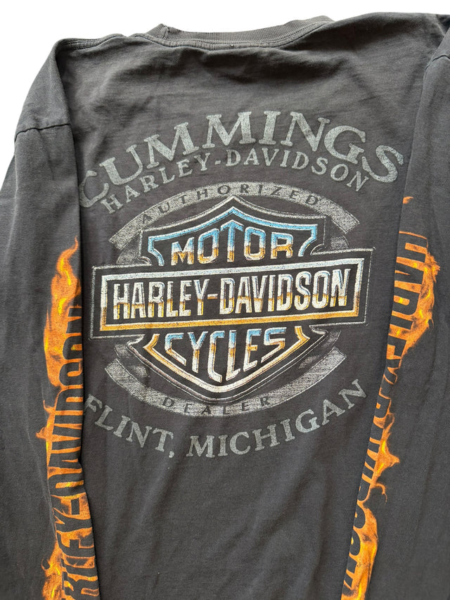 Vintage Distressed Harley Davidson Three Skulls Flame Long Sleeve