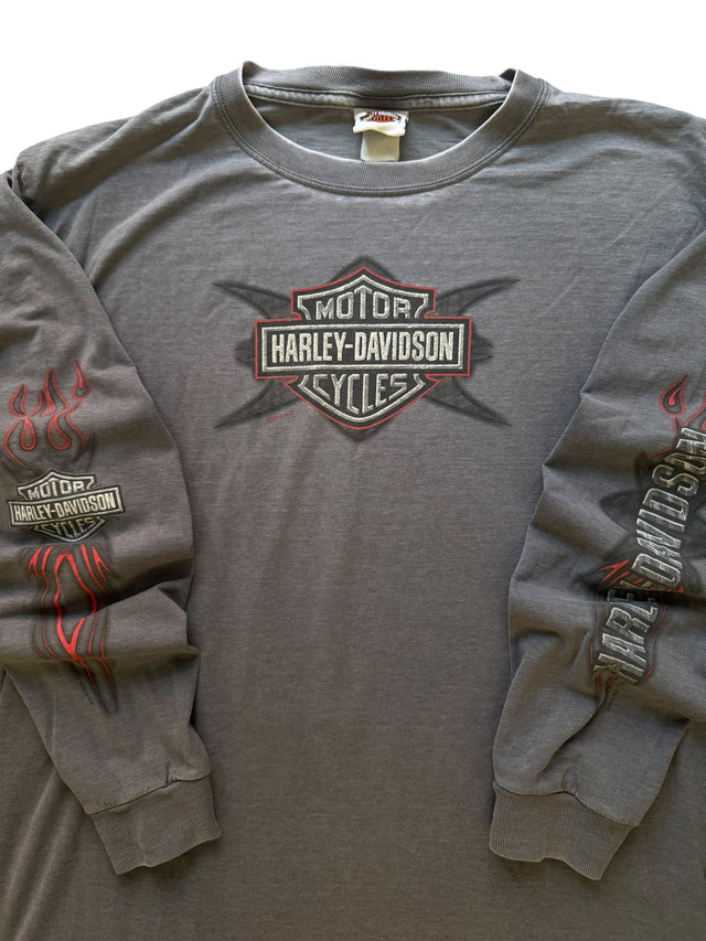 Vintage Harley Davidson Gray Red Outline Long Sleeve