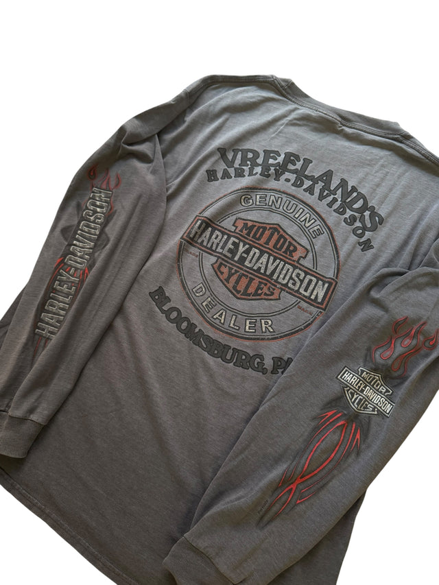 Vintage Harley Davidson Gray Red Outline Long Sleeve