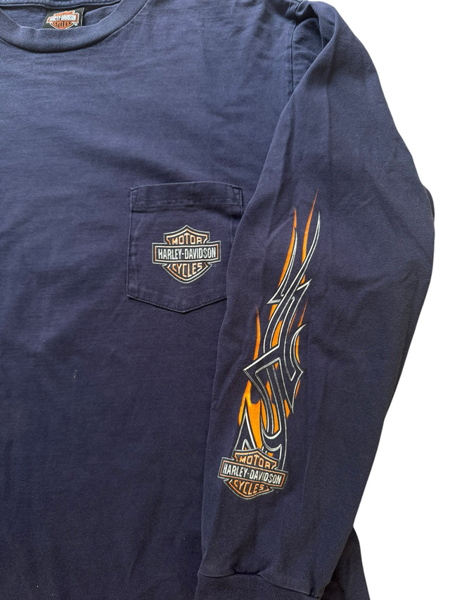 Vintage Harley Davidson Navy Pocket Hit Flame Long Sleeve