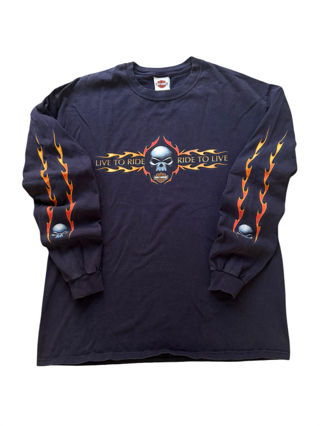 Vintage Harley Davidson Live to Ride Navy Flame Long Sleeve