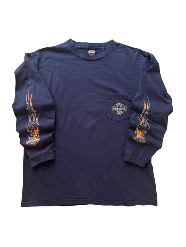 Vintage Harley Davidson Navy Pocket Hit Flame Long Sleeve