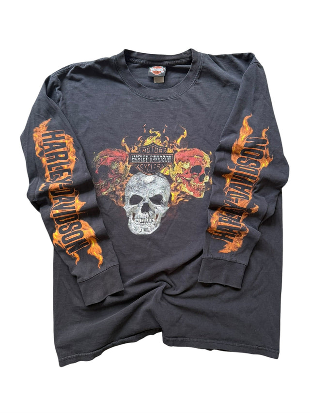 Vintage Distressed Harley Davidson Three Skulls Flame Long Sleeve