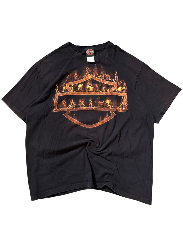 Vintage Harley-Davidson Skull Flame Bar & Shield Tee - Six Bends FL