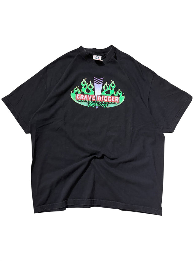 Vintage Grave Digger Monster Truck Racing Tee - Green Flames