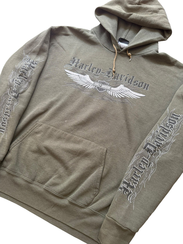 Vintage Faded Harley Davidson Olive Wings Pullover Hoodie