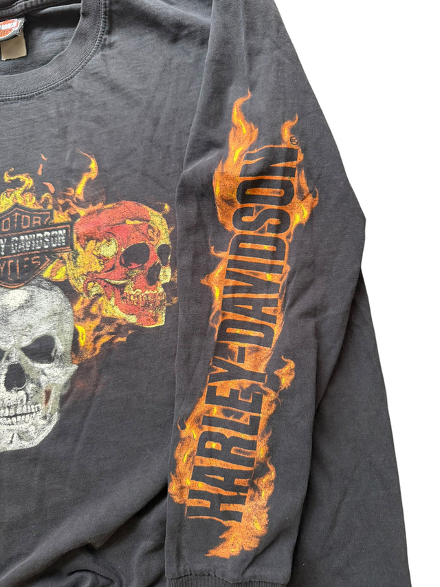 Vintage Distressed Harley Davidson Three Skulls Flame Long Sleeve