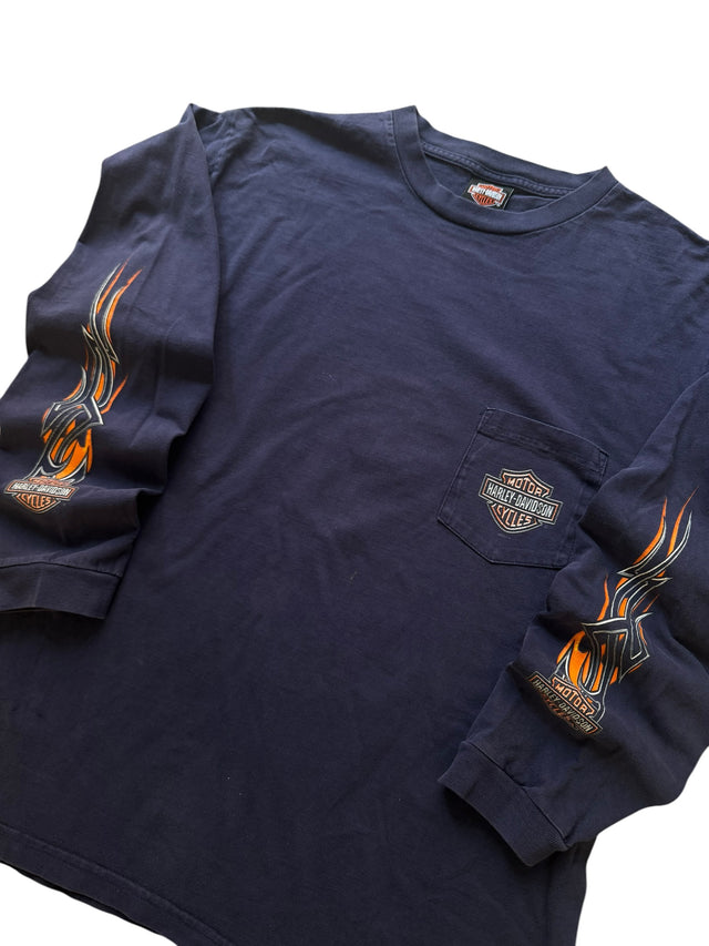 Vintage Harley Davidson Navy Pocket Hit Flame Long Sleeve