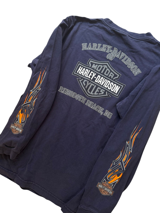 Vintage Harley Davidson Navy Pocket Hit Flame Long Sleeve