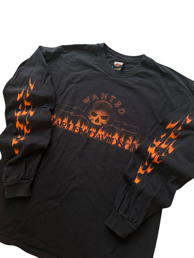 Vintage Harley Davidson Wanted Skull Flames Long Sleeve