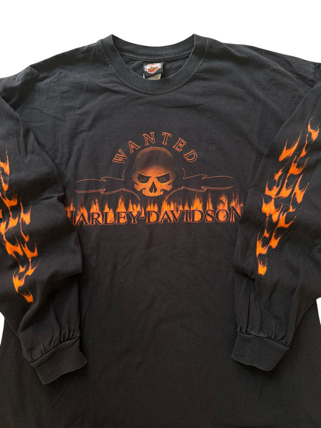 Vintage Harley Davidson Wanted Skull Flames Long Sleeve